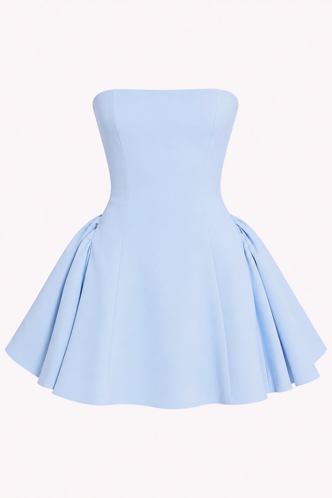Packshot of a pale blue strapless dress with a full skirt on a white background