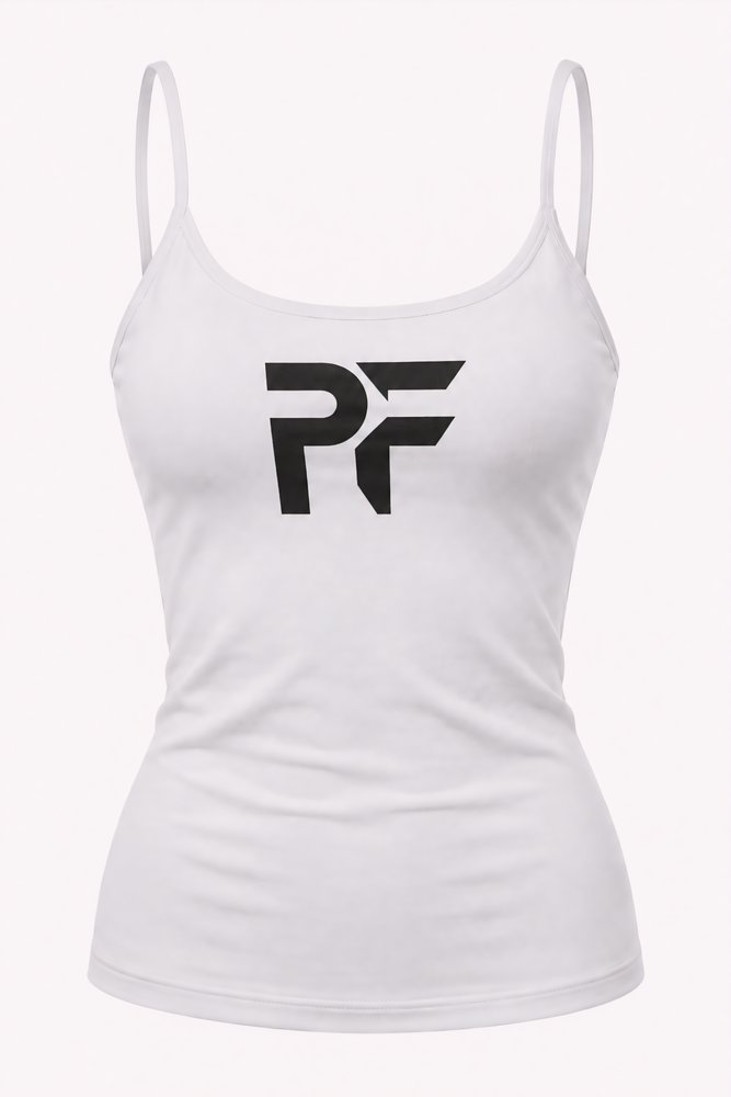 Packshot of a white vest top with a black logo on a white background