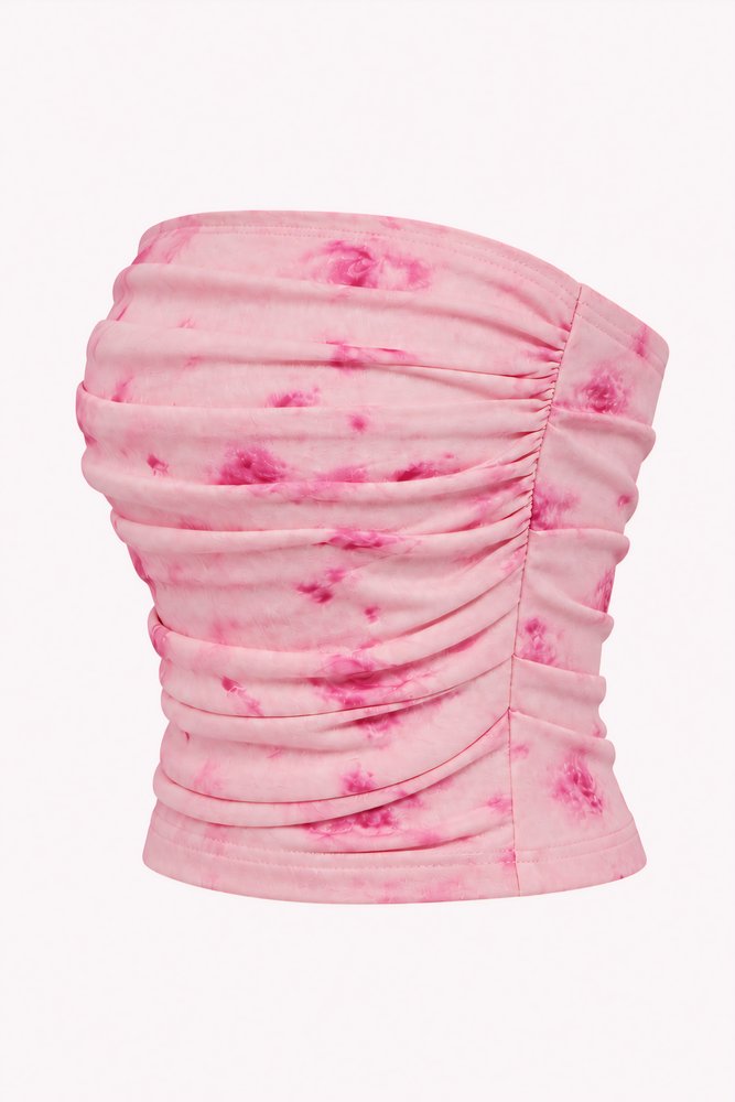 Angled packshot of a pink floral ruched bandeau top on a white background