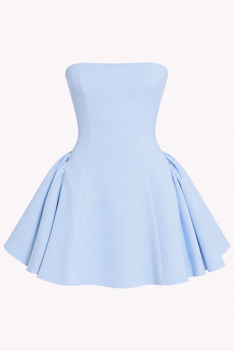 Packshot of a pale blue strapless dress with a full skirt on a white background