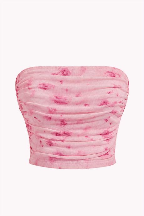 Packshot of a pink floral ruched bandeau top on a white background