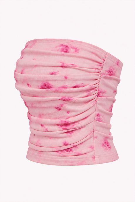 Angled packshot of a pink floral ruched bandeau top on a white background