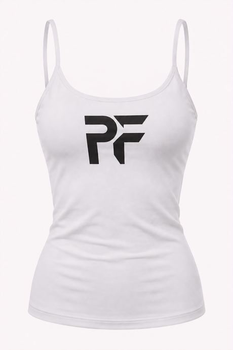 Packshot of a white vest top with a black logo on a white background