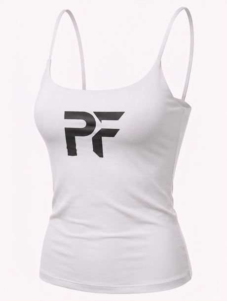 Angled packshot of a white vest top with a black logo on a white background